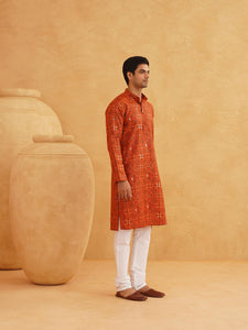 Sojanya (Since 1958 Men'S Cotton Linen Orange & Multi Print Only Long Kurta Orange & Multi S