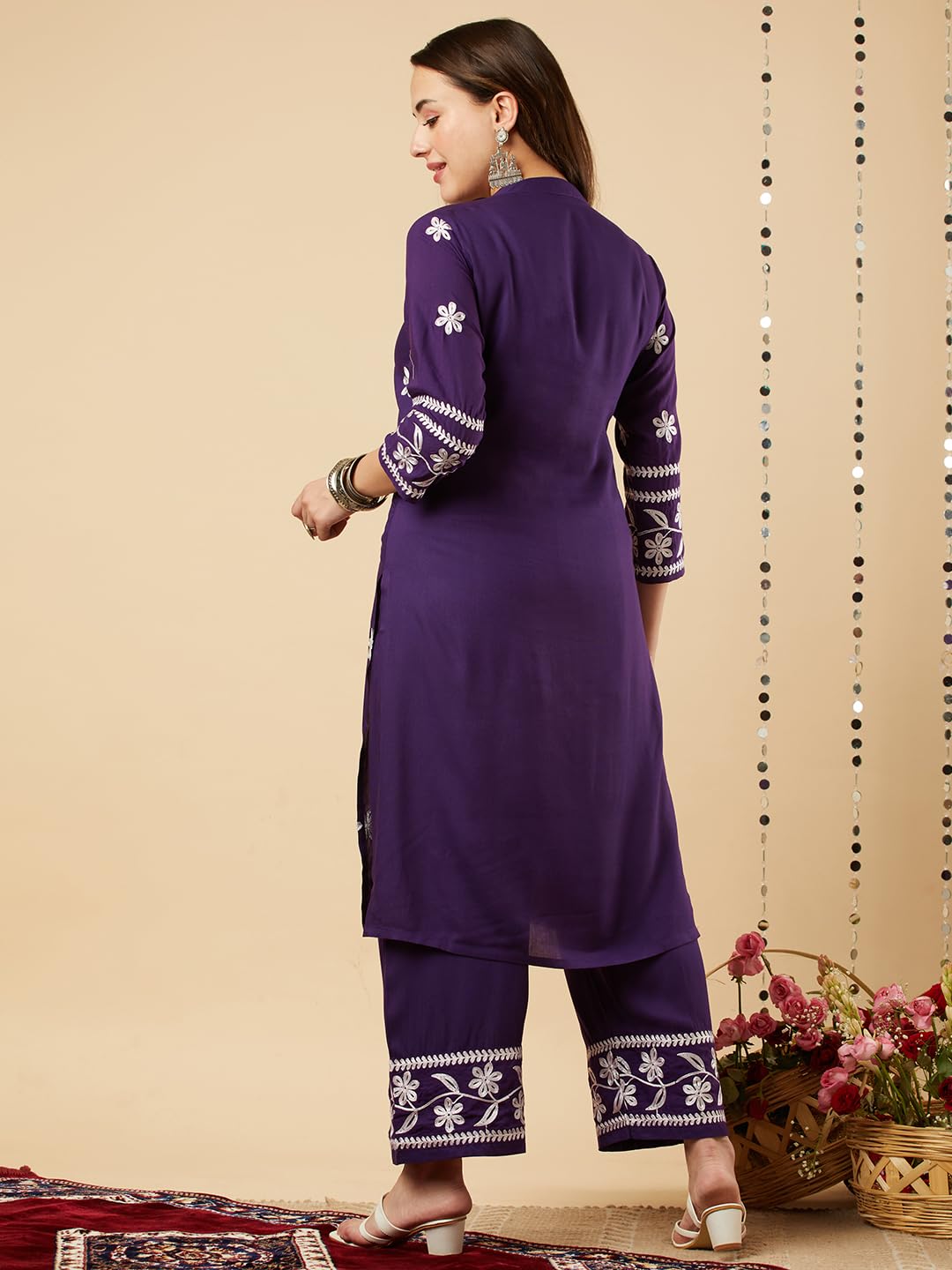 Anni Designer Women'S Cotton Blend Straight Chikankari Embroidered Kurta With Palazzo Set (Lko Purple-Nw_Xl_Purple_X-Large),Purple,XL,Cotton Blend,Regular,