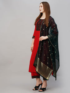 Gosriki Women'S Cotton Blend Straight Printed Kurta With Pant & Dupatta (Puju Red-Gs_Xl_Red_X-Large),Red,,B0CGD7FCPK