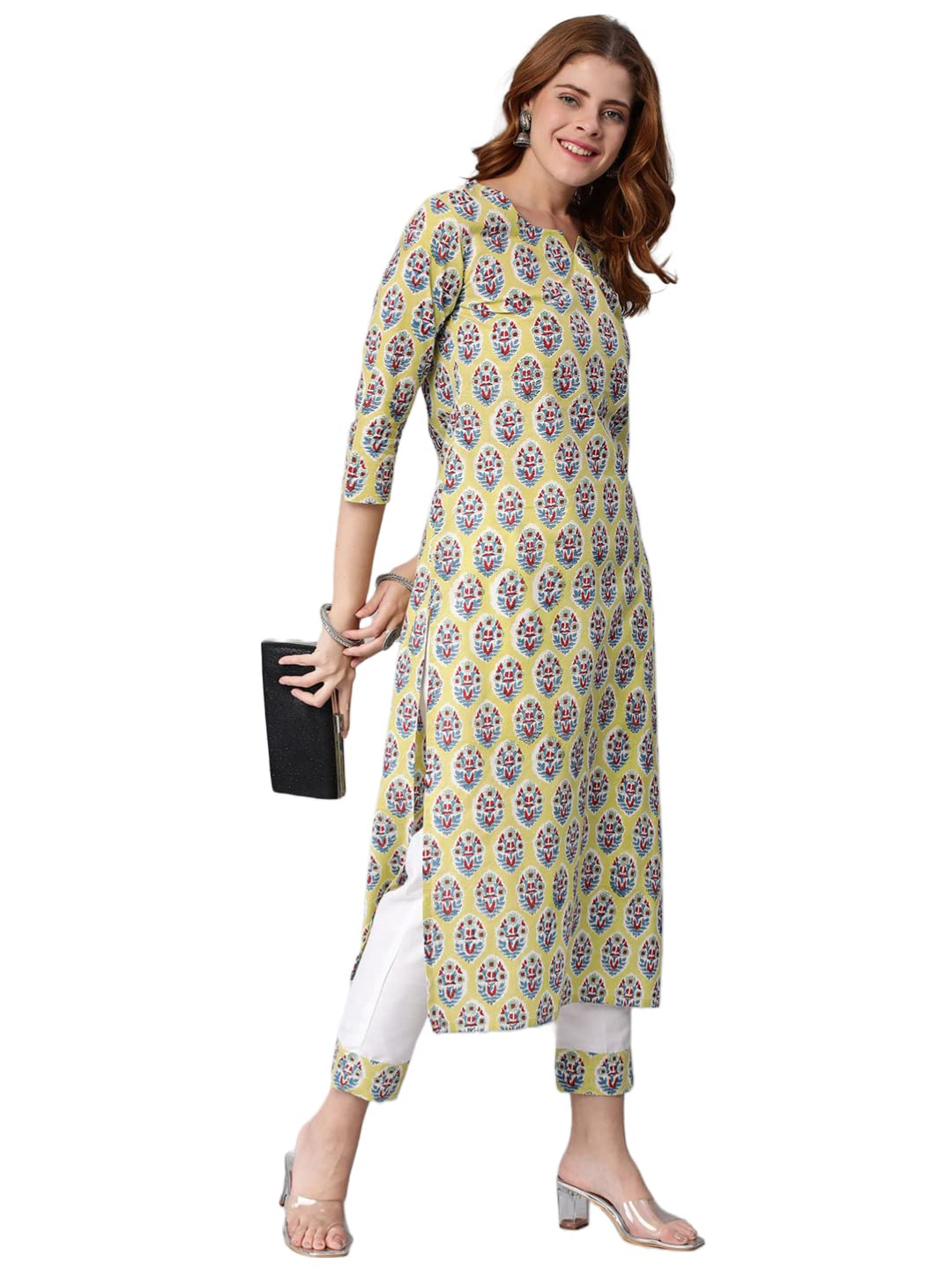 Anni Designer Women'S Cotton Blend Traditional Straight Printed Kurta With Pant Set (Who Green_Xl_Green_X-Large),Green,XL