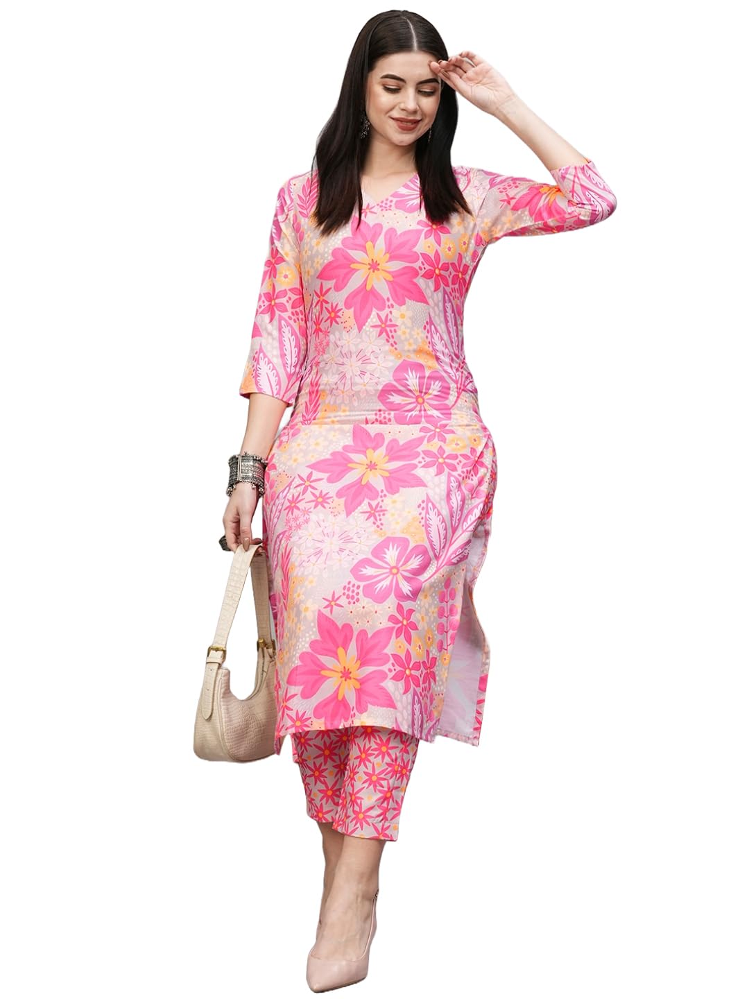 Anni Designer Women'S Cotton Blend Straight Printed Kurta With Pant (Balu Pink_Xl_Pink_X-Large),Pink,XL