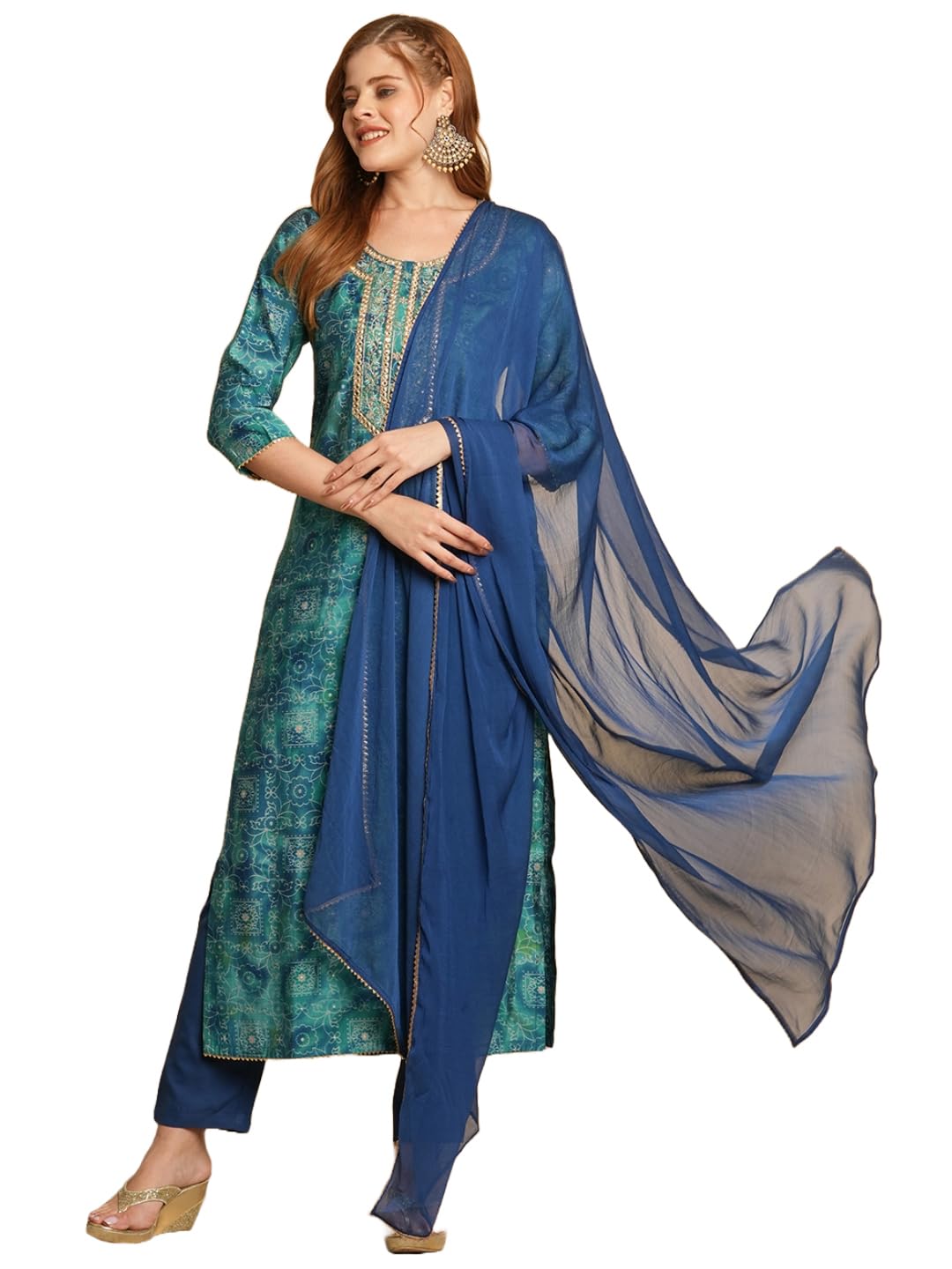 Gosriki Women'S Cotton Blend Straight Printed Kurta With Pant & Dupatta (Sharvi Blue-Gs_L_Blue_Large),Blue,,B0D9WDMQ99