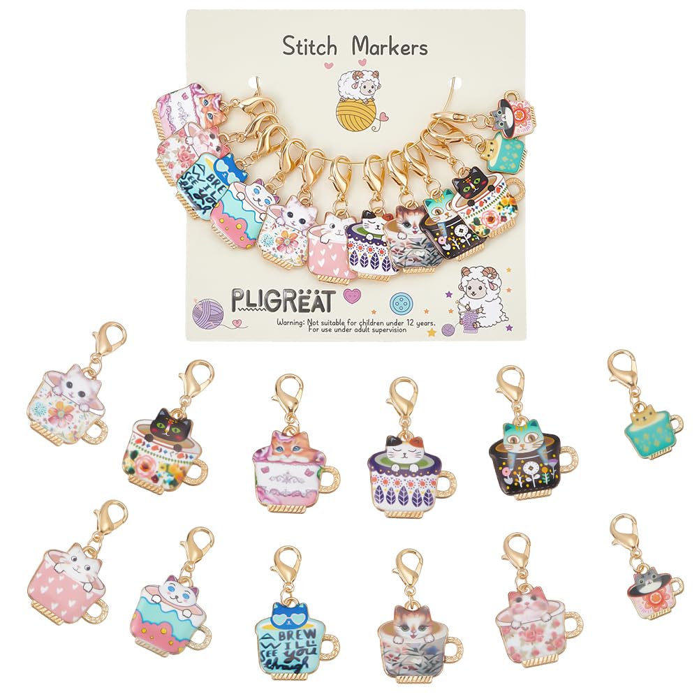 PLIGREAT 12 Pcs Coffee Cup Cat Stitch Marker Set Colorful Alloy Removable Locking Knitting Markers for Weaving Sewing Quilting D