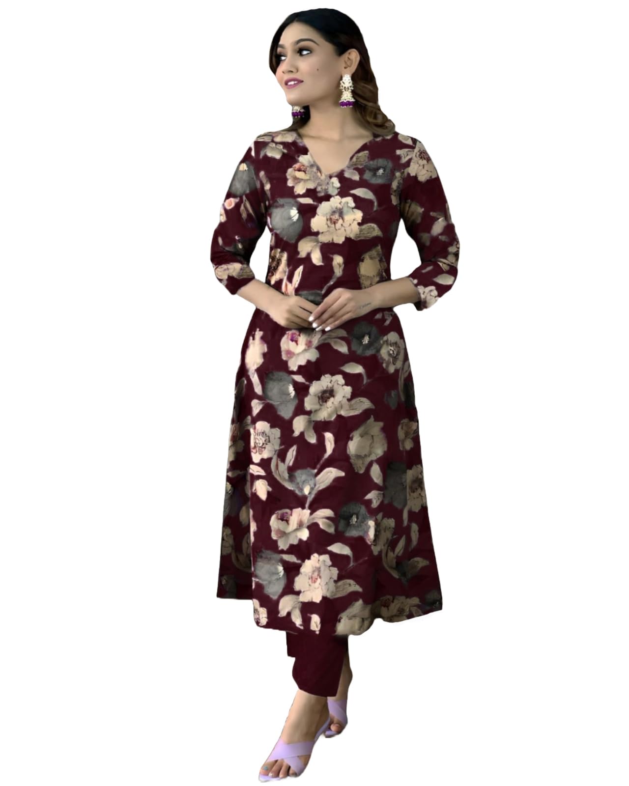 Anni Designer Women'S Cotton Blend Straight Printed Kurta With Pant (Dhun Maroon_S_Maroon_Small),Maroon,S