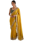Orhans WomenS Embroidered Embellished Chiffon Saree With Unstitched Blouse Piece (Mustard)