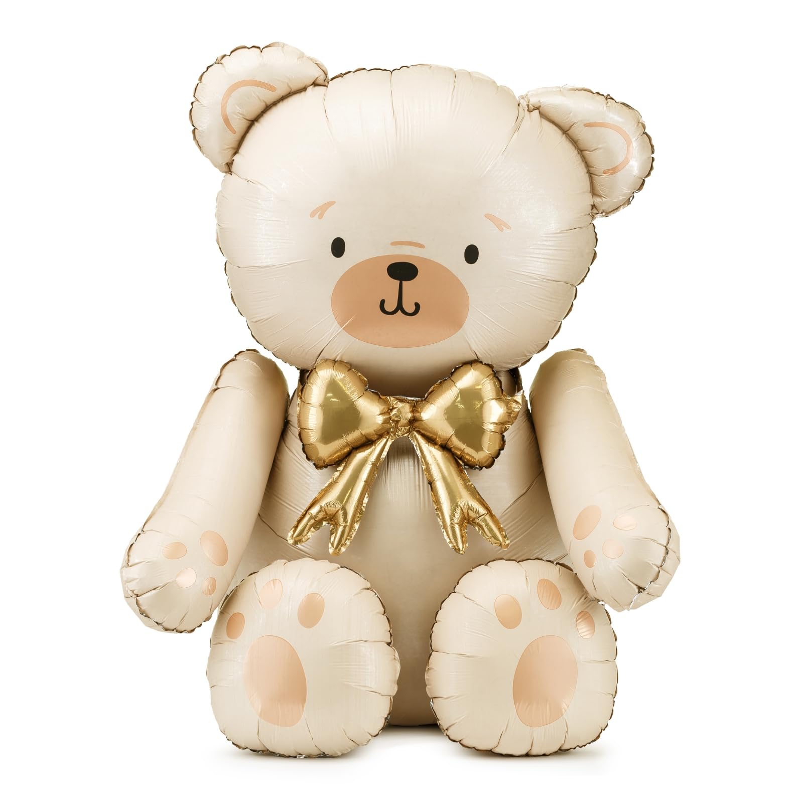 Giant Teddy Bear Foil Balloon PartyDeco 29.5x33 Inch - Cute Cream Bear Balloons with Gold Bow for Baby Shower, Birthday Kids, Ge