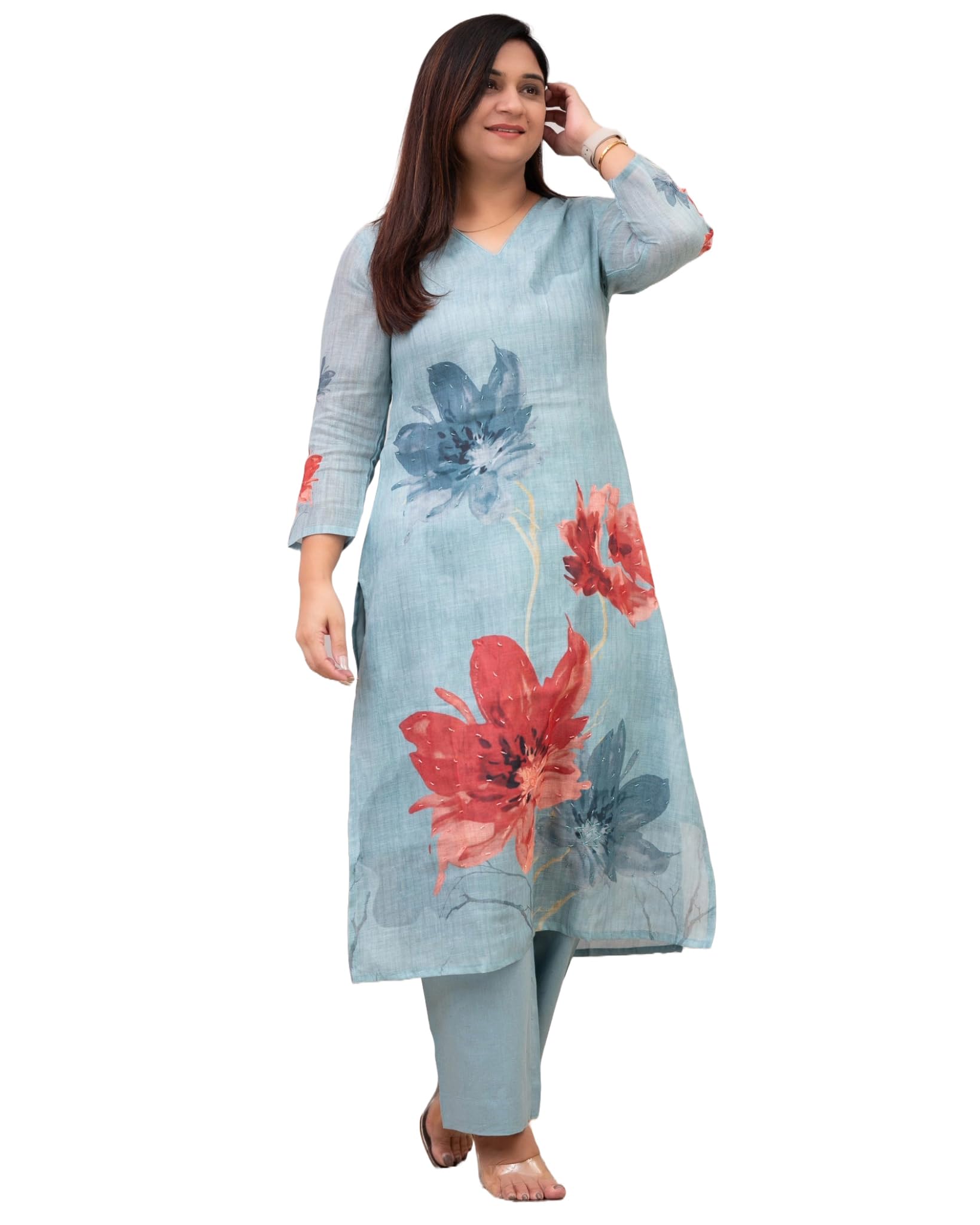 Anni Designer Women'S Rayon Viscose Straight Printed Kurta With Pant (Susan Sky-Vks01_Xl_Sky Blue_X-Large),Sky Blue,XL,,,