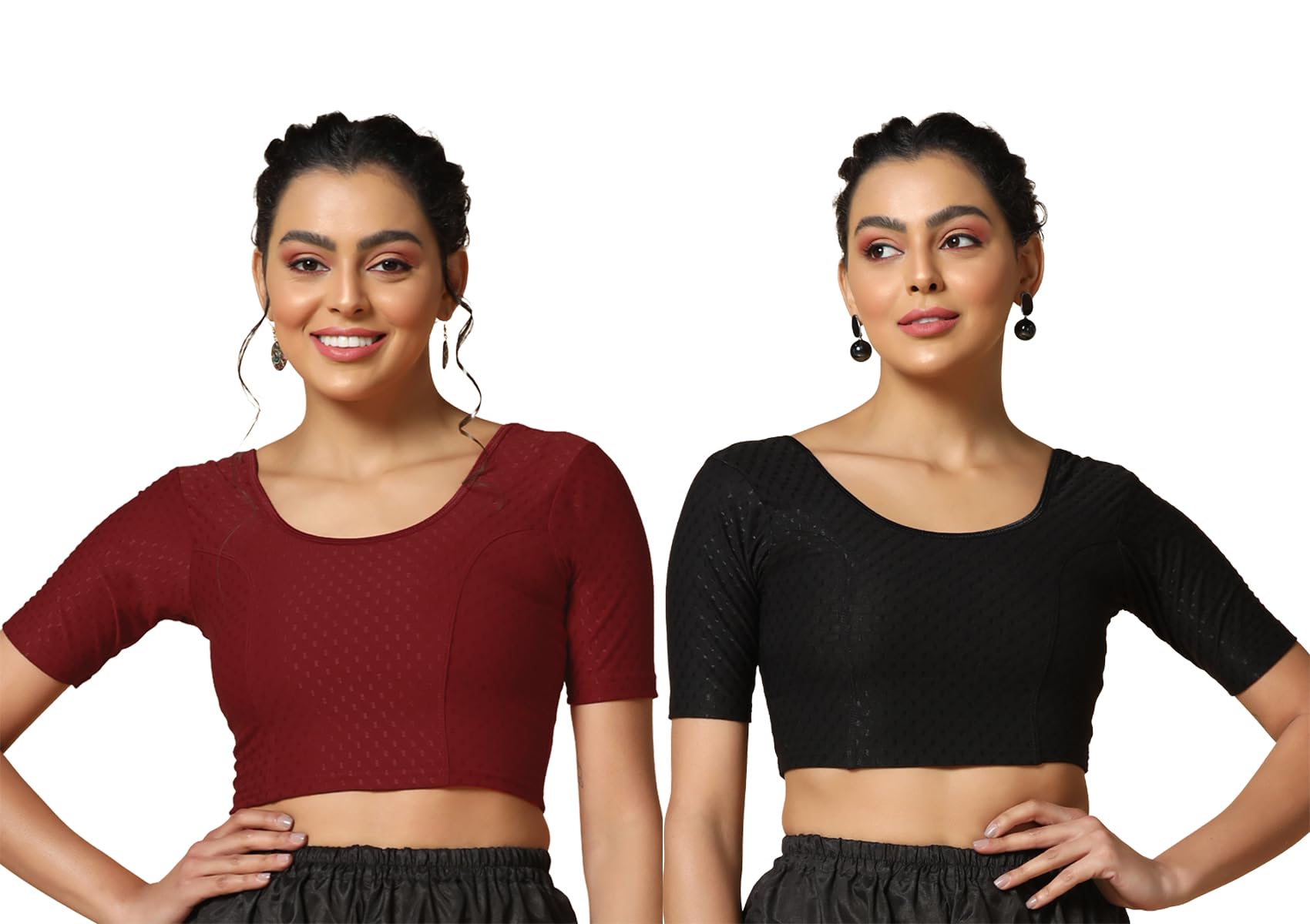 Toplot Cotton Blend Lycra Stretchable Readymade Blouses Pack Of 2 (Combo-5058-Blk-Mrn-32) Black-Maroon,Black-Maroon,32,B0CV579WMZ