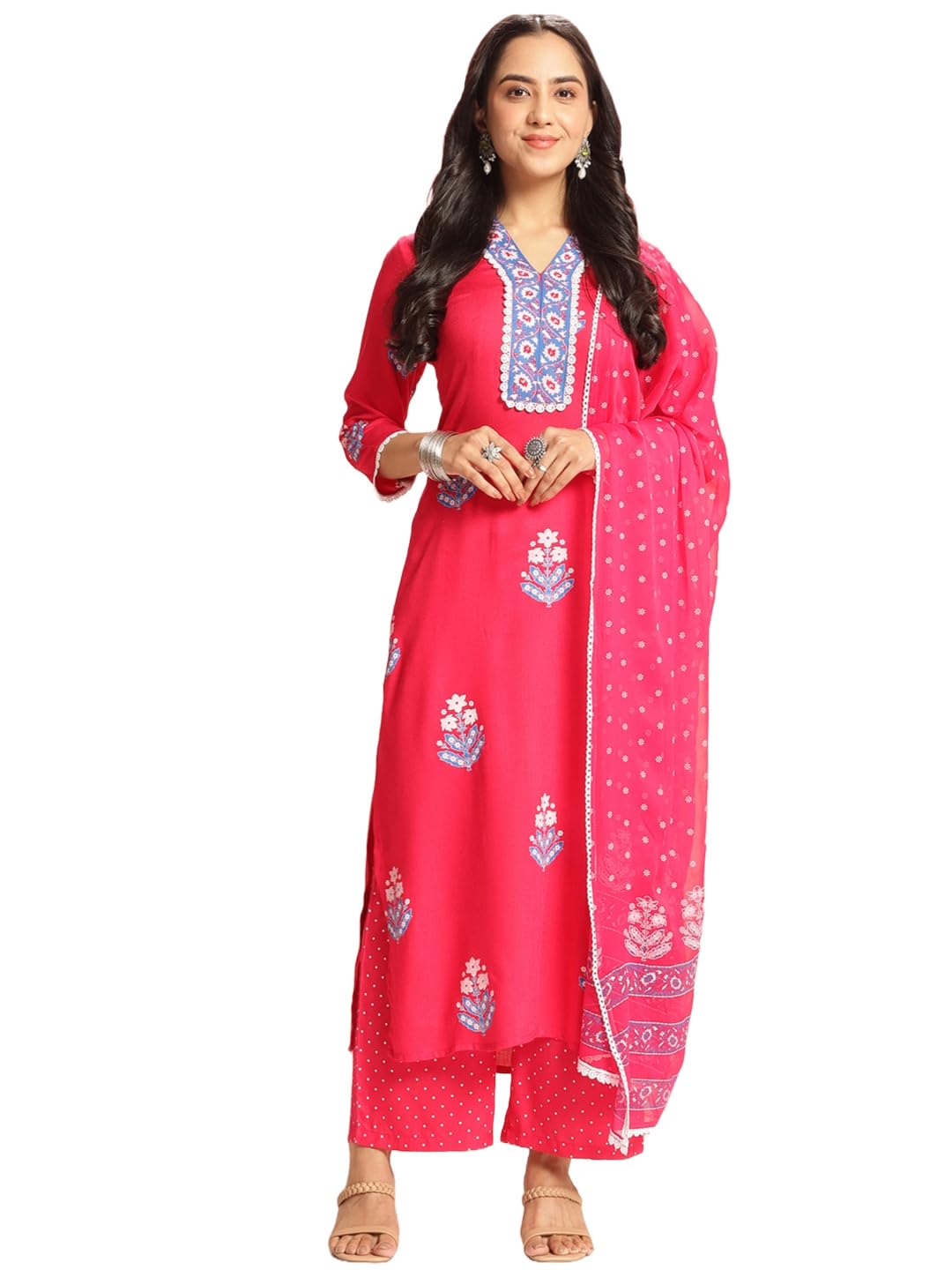Anni Designer Women'S Rayon Viscose Printed Straight Kurta With Pant & Dupatta (Belagavi Pink-Vks05_Xl_Pink_X-Large),Pink,XL