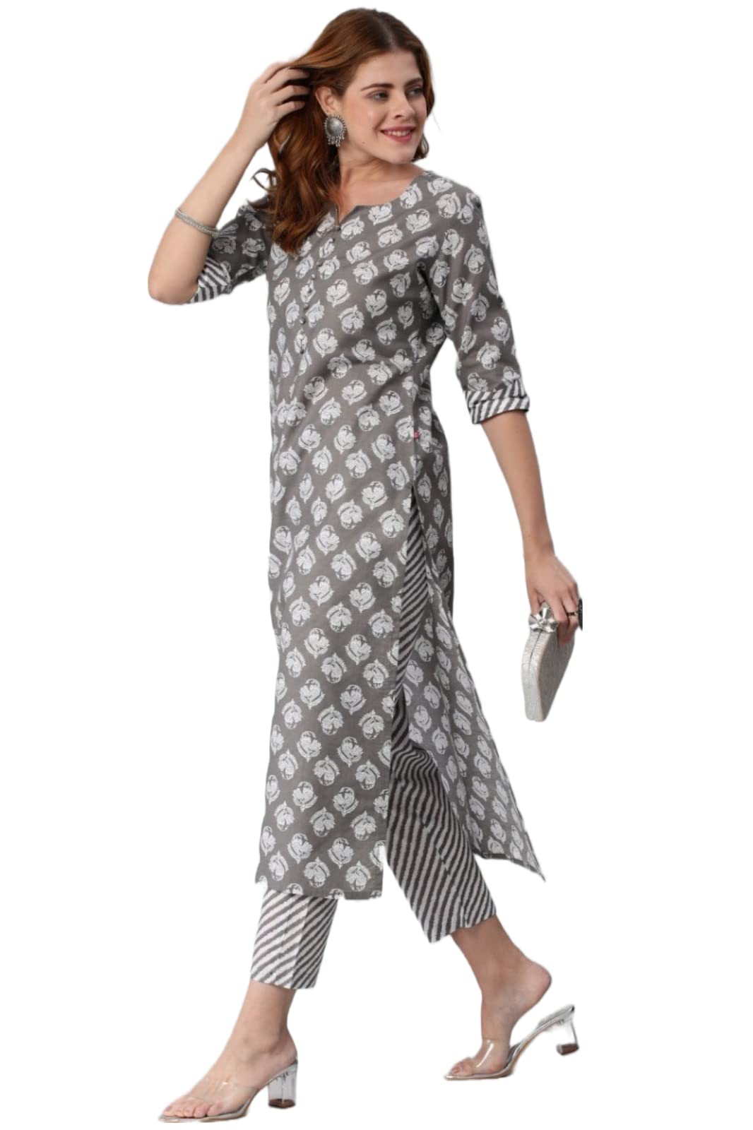 Gosriki Women'S Cotton Blend Printed Straight Kurta With Pant (Funnu Grey-Gs_Xxl_Grey_Xx-Large),Grey,2,B0BTVRLCFB