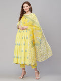 Anni Designer Women'S Rayon Anarkali Printed Kurta With Pant & Dupatta (Renu-Yellow_M_Yellow_Medium),Yellow,M,Rayon,Anarkali,