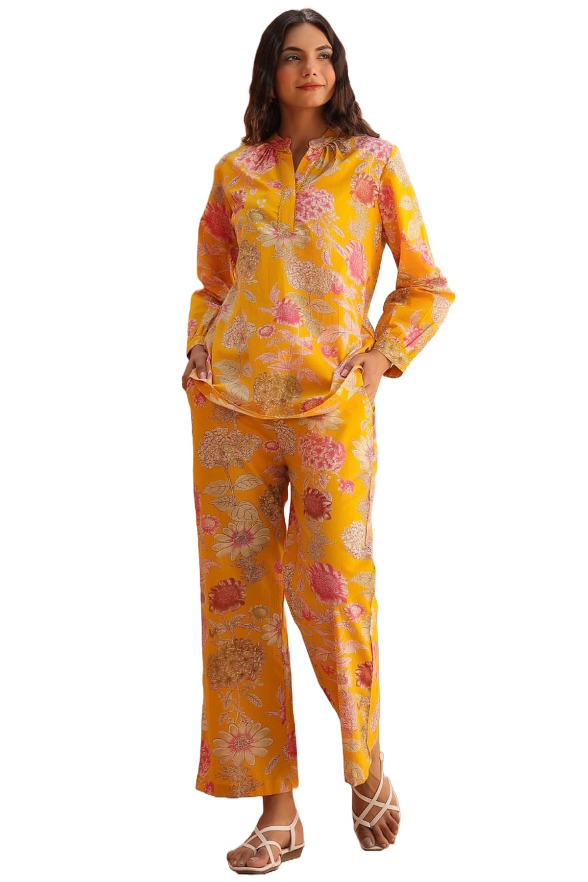 Anni Designer Women'S Cotton Blend Printed Ethnic Co-Ord Set (Cooper Yellow_Xxl_Yellow_Xx-Large),Yellow,2XL