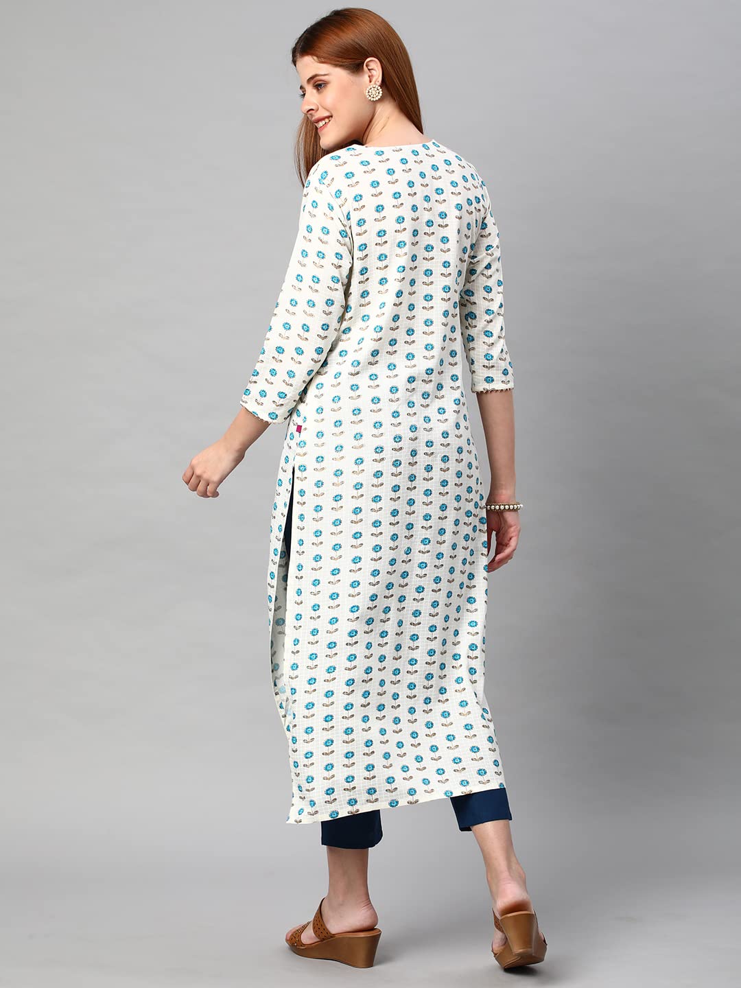 Anni Designer Women'S Cotton Blend Traditional Straight Printed Kurta And Pant Set (Amd 32-White_L_White_Large),White,L,Cotton Blend,Regular,Pants, Kurta