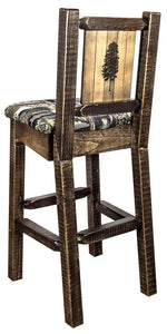 Montana Woodworks Homestead Collection Barstool With Upholstered Seat, Woodland Pattern, Laser Engraved Pine Tree Design, Staine