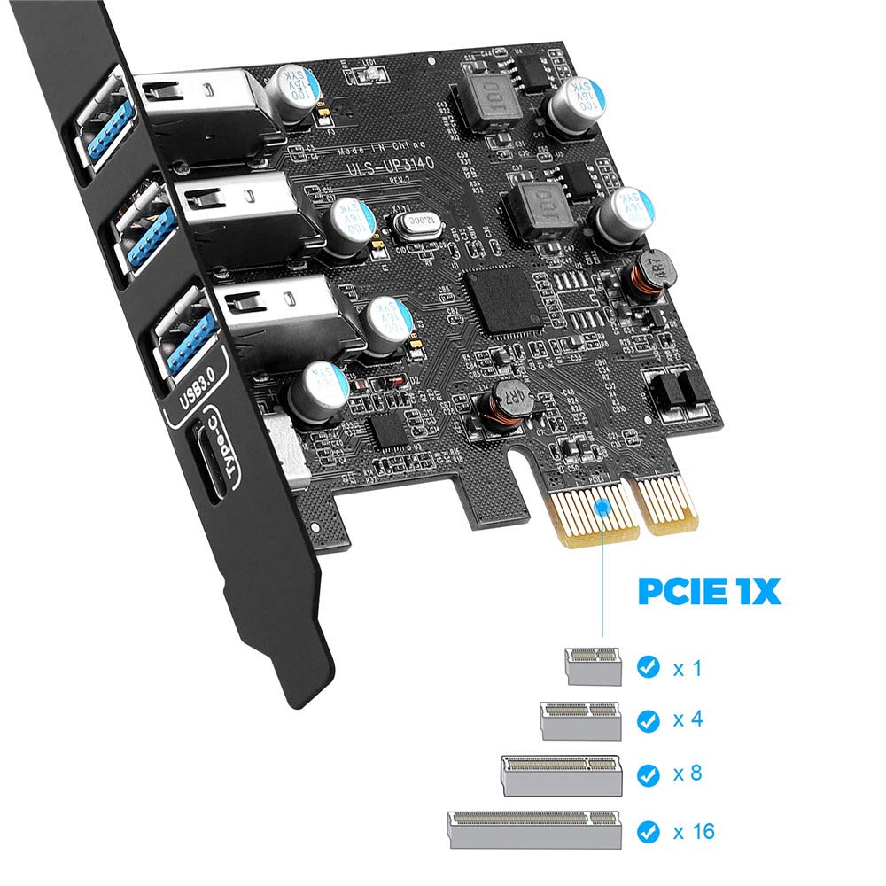 Yeeliya PCIe USB Card 4-Ports(1x USB-C - 3X USB-A) USB 3.0 Expansion Card PC Internal USB hub for Windows 10/8/7 and MacPro 4.1/