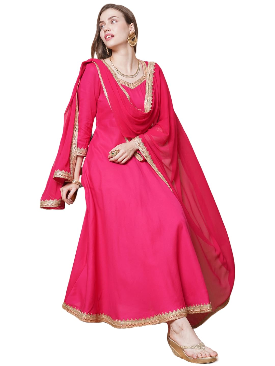 Anni Designer Women'S Rayon Blend Anarkali Solid Kurta With Pant & Dupatta (Shyam Pink_S_Pink_Small),Pink,S