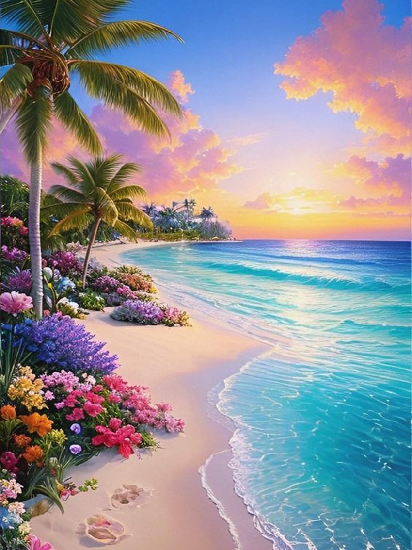 eniref Diamond Art Kits for Adults,Beach Sunset DIY 5D Round Full Drill Diamond Painting Gem Art Kits for Crafts Gift and Home W