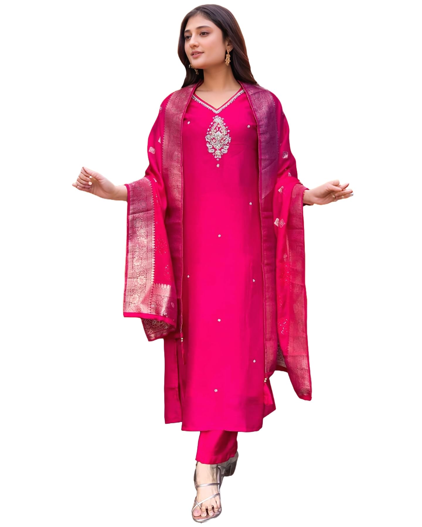 Anni Designer Women'S Silk Blend Straight Embroidered Kurta With Pant & Dupatta (Premium Pink-Vks05_S_Pink_Small),Pink,S,,,