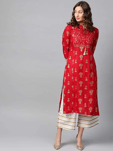 Gosriki Women'S Red & Golden Print Straight Kurta Kurta With Palazzo Set(Ankudi Red_M-Go),Red,,B08SCDJFCD