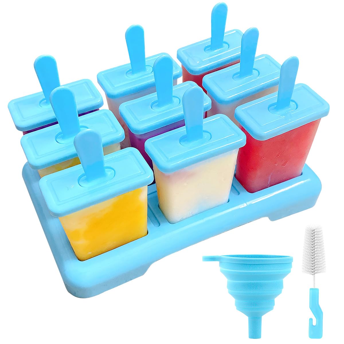 Alinana 9 Cavities Popsicles Molds, Without BPA Popsicle Molds with Built-in Popsicle Stick, DIY Popsicle Molds with Cleaning Br