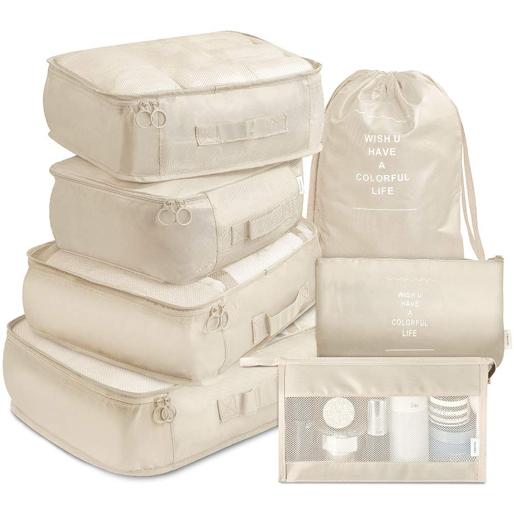 Vagreez Packing Cubes, 7 Pcs Travel Luggage Packing Organizers Set With Toiletry Bag (Beige)
