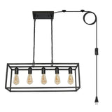 Black Farmhouse Plug in Kitchen Island Lighting, Industrial Modern 5-Light Linear Chandelier with 17.5ft Cord, Rectangular Light