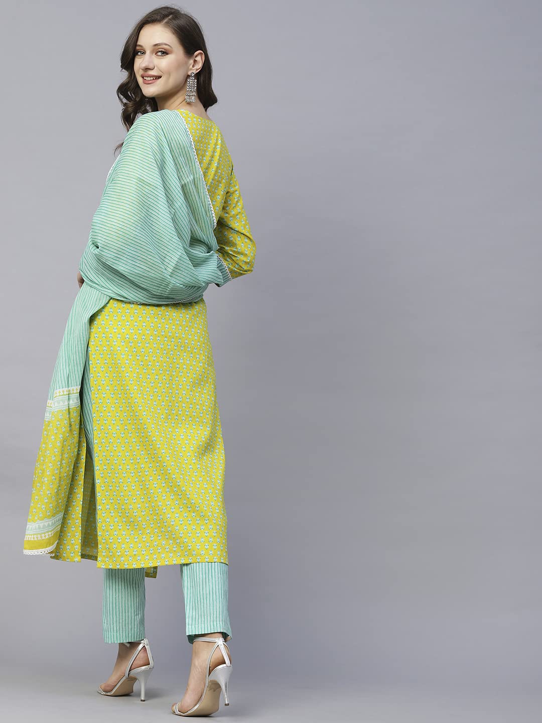 Anni Designer Women'S Cotton Blend Straight Printed Kurta With Pant & Dupatta (Inam Green_Xxl_Green_Xx-Large),Green,2XL,Cotton Blend,Regular,kurta, Dupatta