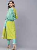 Anni Designer Women'S Cotton Blend Straight Printed Kurta With Pant & Dupatta (Inam Green_S_Green_Small),Green,S,Cotton Blend,Regular,Dupatta