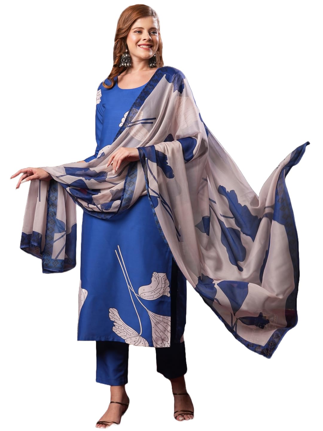 Anni Designer Women'S Rayon Blend Straight Printed Kurta With Pant & Dupatta (Meerut Blue-Vks01_M_Blue_Medium),Blue,M