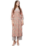 Anni Designer Women'S Cotton Blend Printed Straight Kurta With Pant (Cam Peach_L_Peach_Large),Peach,L