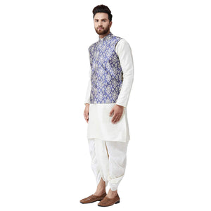 Sojanya (Since 1958, Mens Silk Blend Cream Kurta Dhoti & Blue Nehru Jacket Combo, Size: Xxl
