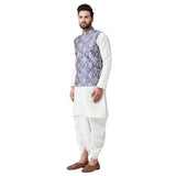 Sojanya (Since 1958, Mens Silk Blend Cream Kurta Dhoti & Blue Nehru Jacket Combo, Size: Xxl