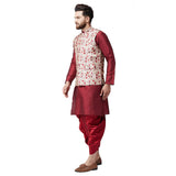 Sojanya (Since 1958, Mens Silk Blend Maroon Kurta Dhoti & Red Nehru Jacket Combo, Size: Xxl