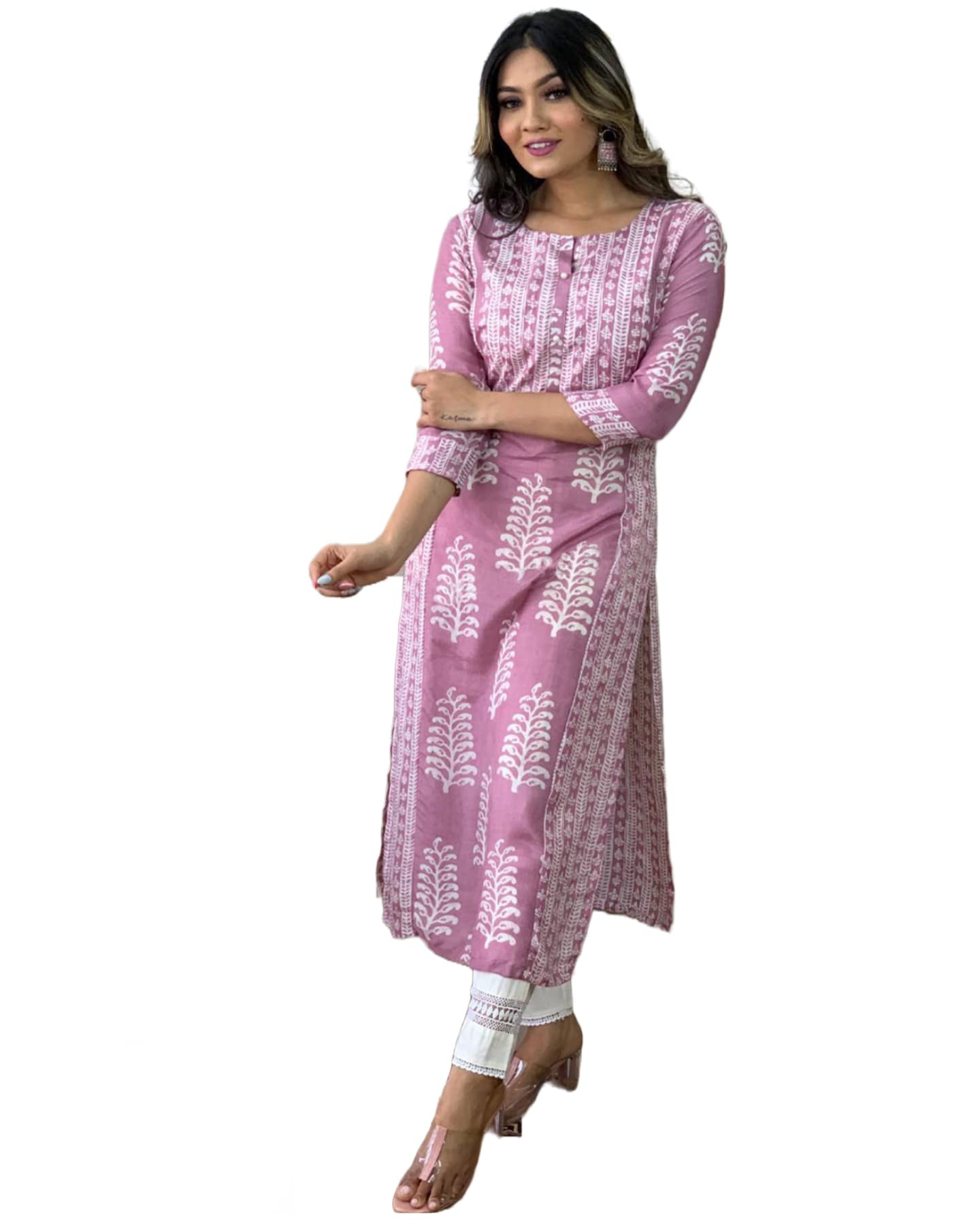 Anni Designer Women'S Cotton Blend Printed Straight Kurta With Pant (Oni101 White_M_Pink_Medium),Pink,M