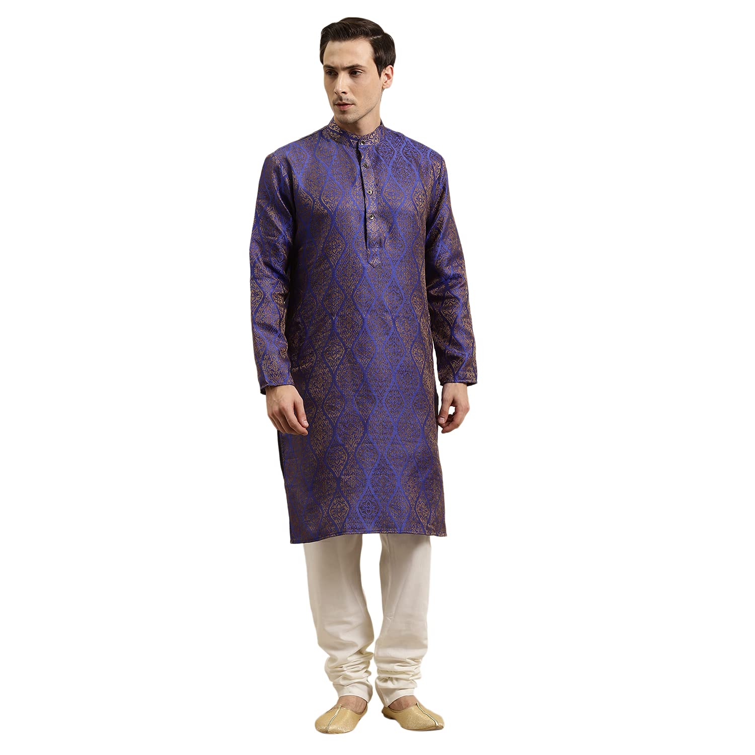 Sojanya (Since 1958 Men'S Jacquard Silk Blue & Gold Kurta & Off-White Churidar Pyjama Set Size 40
