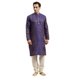 Sojanya (Since 1958 Men'S Jacquard Silk Blue & Gold Kurta & Off-White Churidar Pyjama Set Size 40