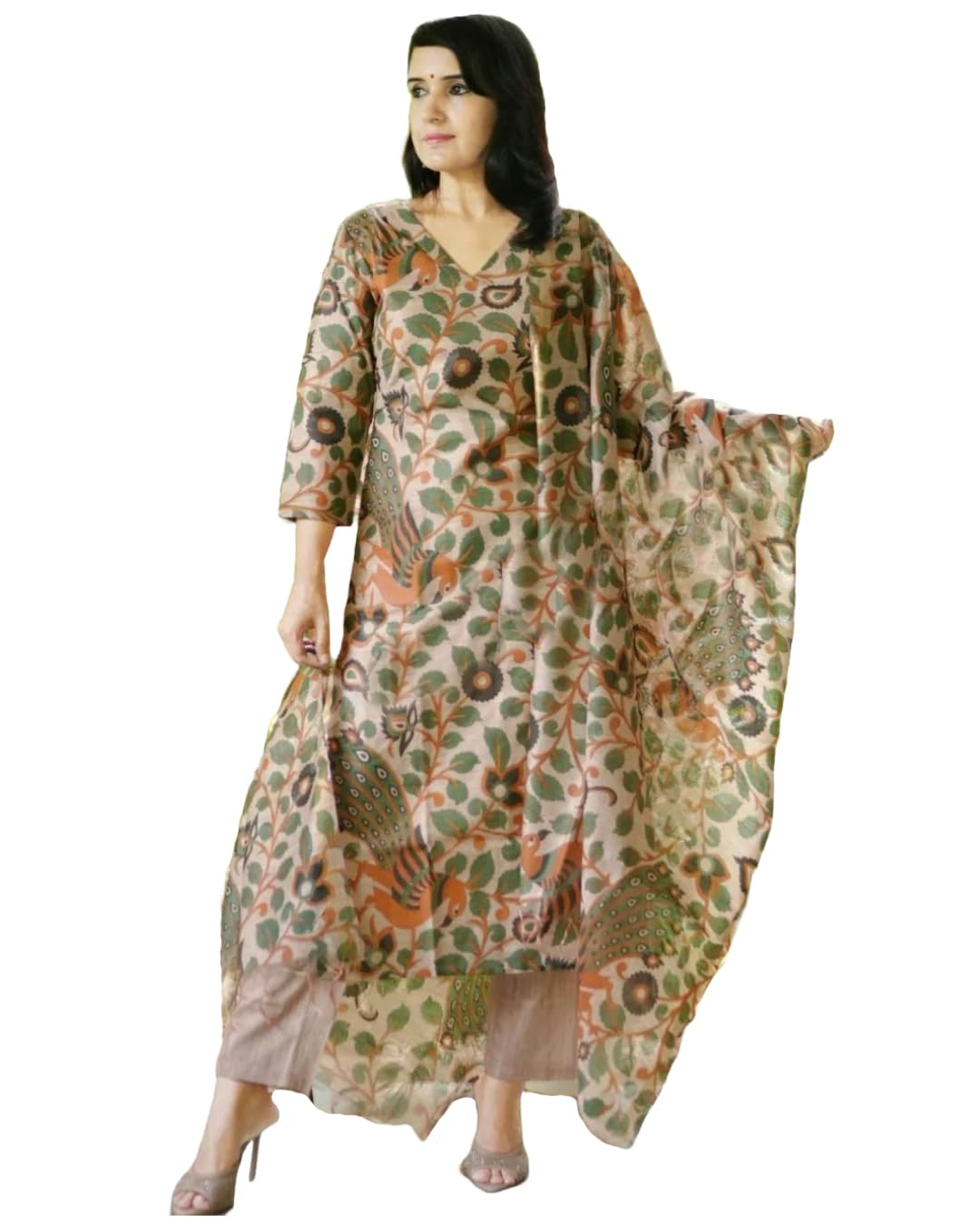 Anni Designer Women'S Cotton Blend Straight Printed Kurta With Pant & Dupatta (Uskana Beige_L_Cream_Large),Beige,L