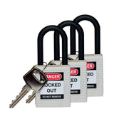 Brady 123341 Nylon Lockout Padlock, Keyed Alike, 1/4, White (3/Pack)