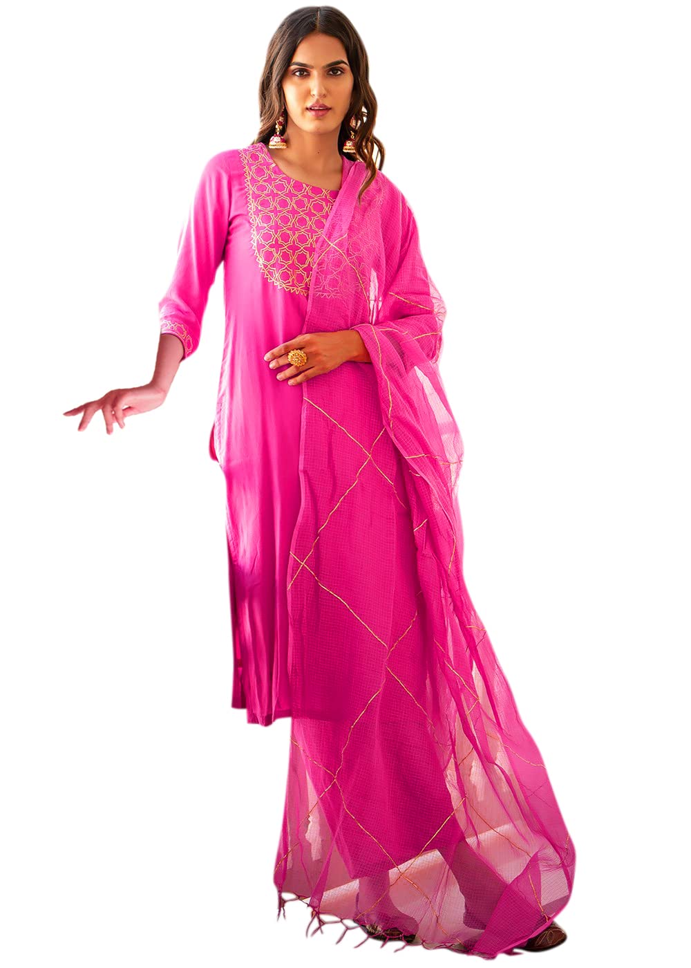 Anni Designer Women'S Cotton Blend Printed Straight Kurta With Pant & Dupatta (Khunti Sty Pink_Xxl_Pink_Xx Large),Pink,2XL