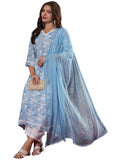 Anni Designer Women'S Cotton Blend Straight Printed Kurta With Pant & Dupatta (Kausalya Sky_Xl_Sky Blue_X-Large),Sky Blue,XL,,,