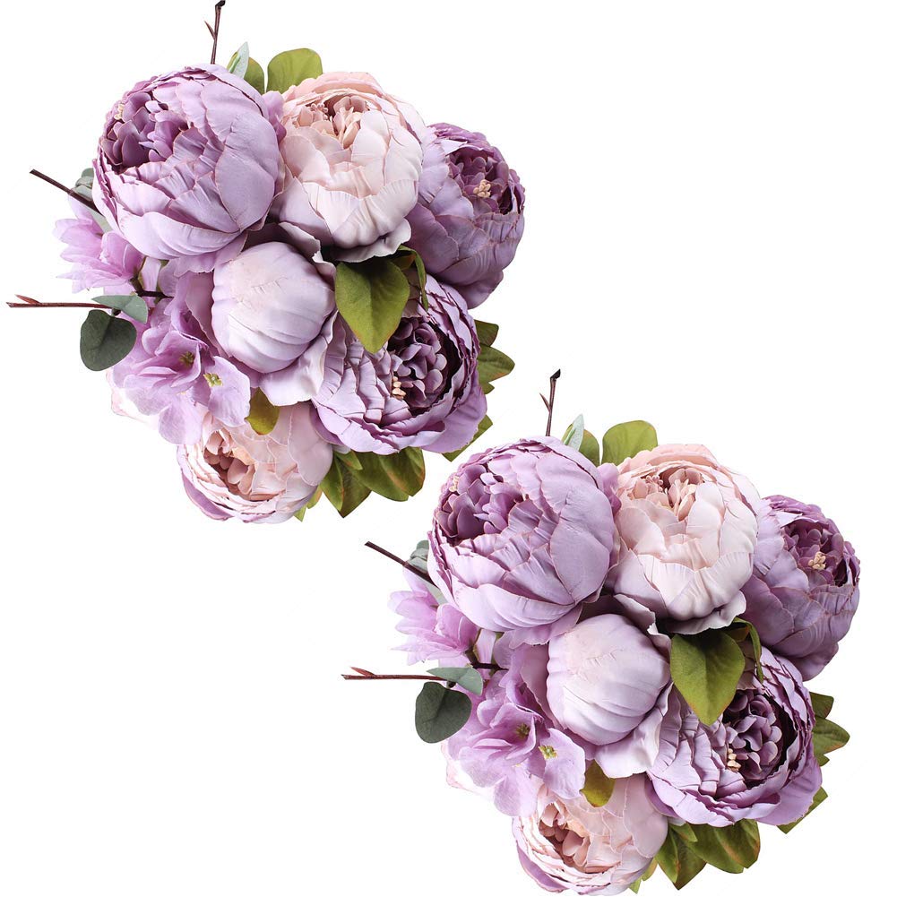 Fule 2 Pack Large Artificial Peony Silk Flower Bouquets Arrangement Wedding Centerpieces (New Purple)