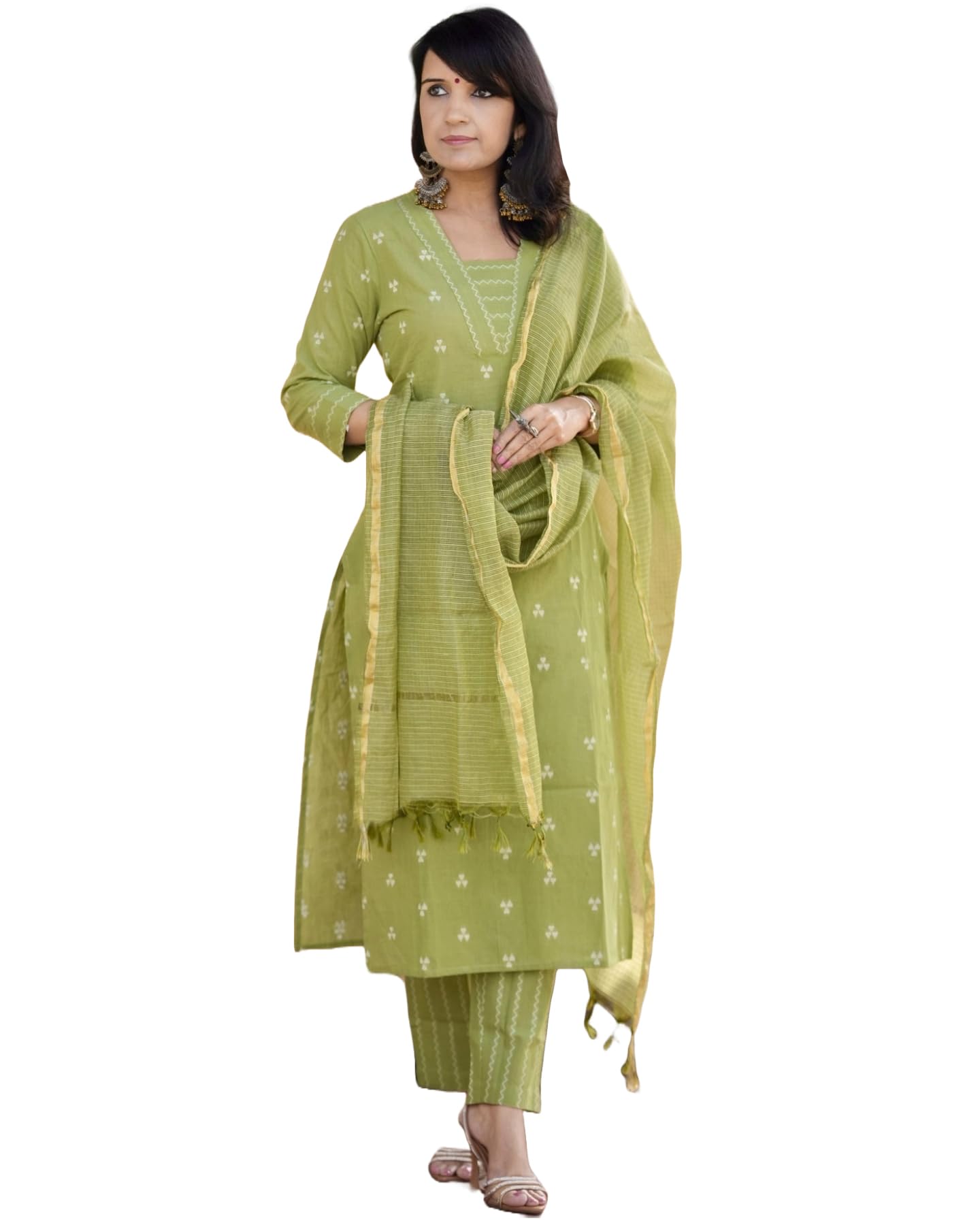 Anni Designer Women'S Rayon Viscose Straight Printed Kurta With Pant & Dupatta (Maheman Pista_L_Pista_Large),Pista,L