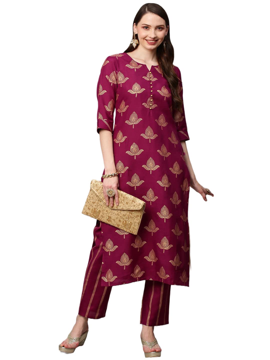 Gosriki Women'S Cotton Blend Printed Straight Kurta With Pant (Garbha Wine_L-Gs_Wine_Large),Wine,,B0BDMMRTYN