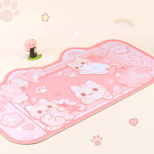 BelugaDesign Sakura Cat Desk Pad | NS Switch Keyboard Laptop Gaming Setup Accessories Mat Large Mat Mousepad | Pastel Pink Bunny