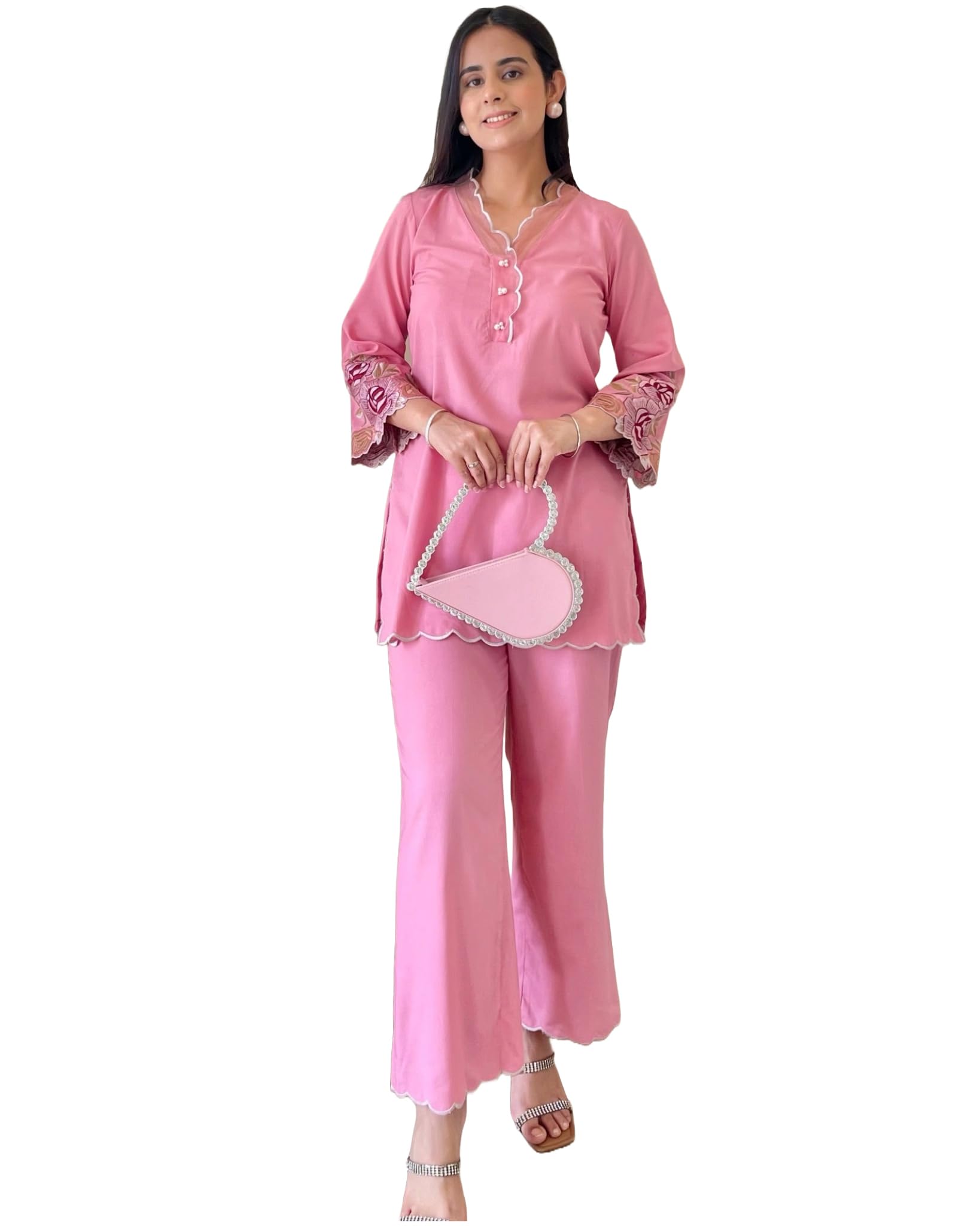 Anni Designer Women'S Cotton Blend Embroidered Ethnic Co-Ord Set (Anjeer Pink_L_Pink_Large),Pink,L