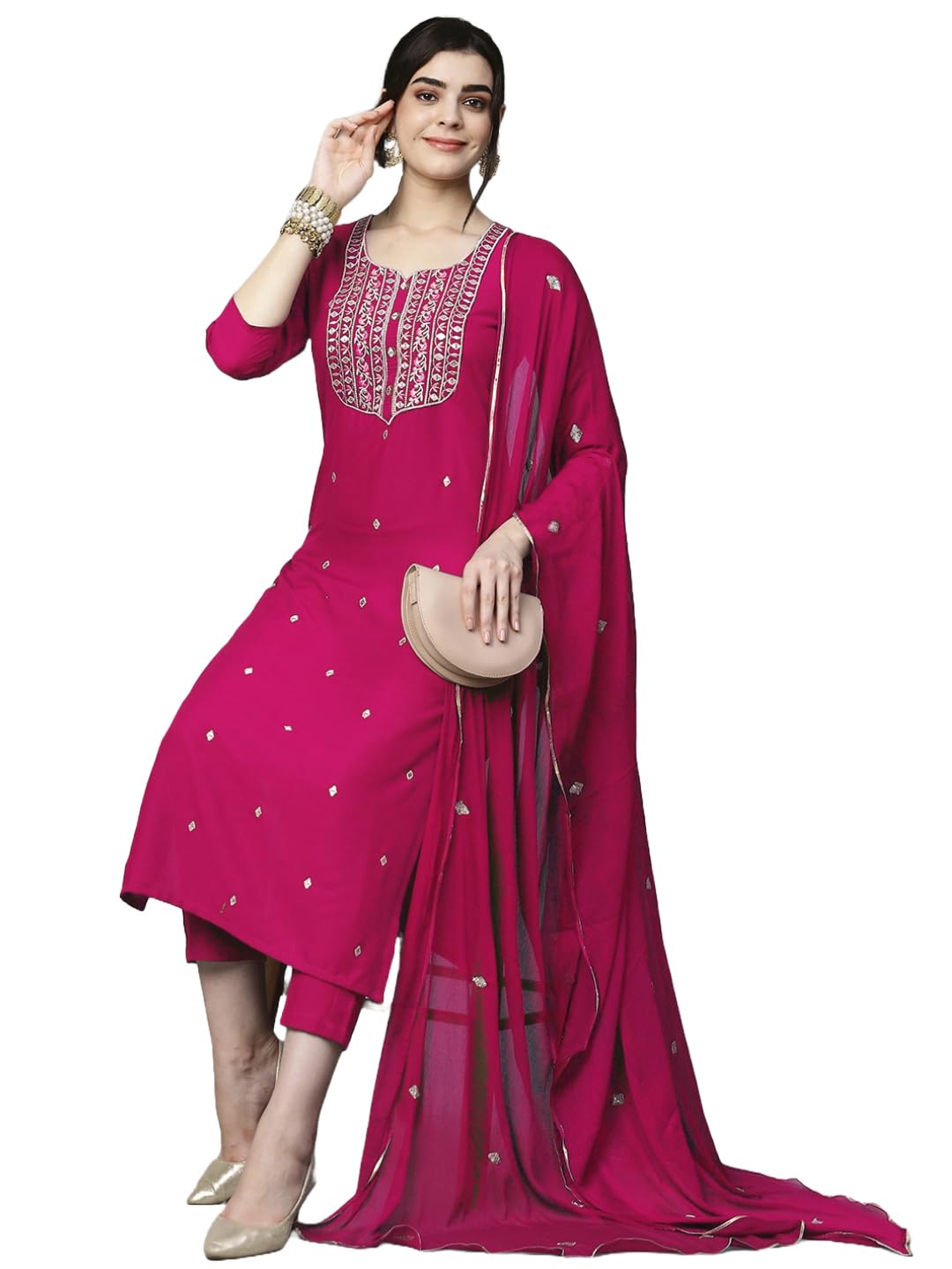 Gosriki Women'S Cotton Blend Embroidered Straight Kurta With Pant & Dupatta (Kasturi Pink-Al-Gs_L_Pink_Large),Pink,,B0D295MMF1