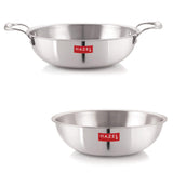 HAZEL Triply Stainless Steel Kadai & Tasra Cookware I Triply Kadai Steel, Set of 2, 3 litres I Induction Bottom Triply Cookware