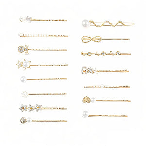 Doromy 15 Packs Rhinestone Faux Pearl Wedding Hair Accessories - Elegant Golden Bobby Pins, Hollow Design Hair Clips and Barrett