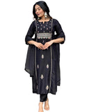 Gosriki Women'S Cotton Blend Embroidered Straight Kurta With Pant & Dupatta (Nepoli Black-Gs_3Xl_Black_Xxx-Large),Black,3,B0CRVTGR5R