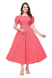 Qena WomenS Solid Crepe Maxi Dress | Fit And Flare ALine Calf Length Dress With Short Puff Sleeves, Round Neck & Stitch Belt | 
